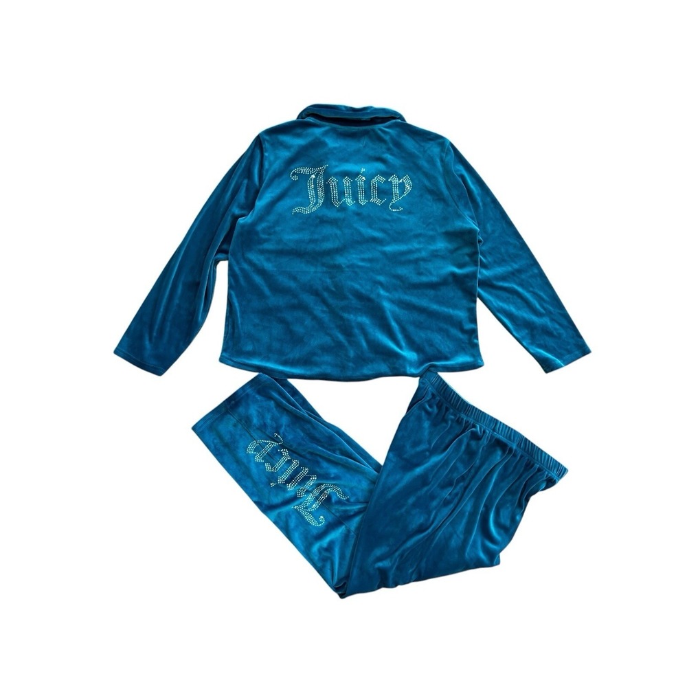 Juicy Couture Teal Velour Pajama Set Rhinestone Logo Sleepwear 8329-47 Womens L